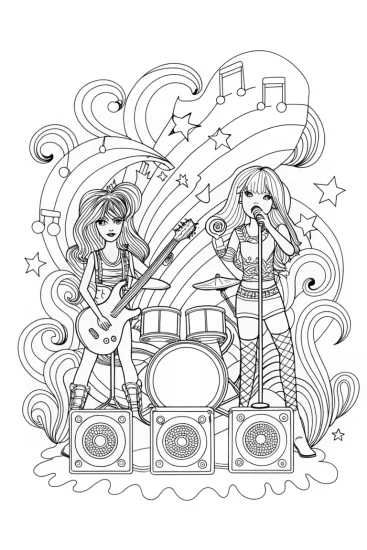 A coloring page of Bratz Dolls Jam Session Coloring Page