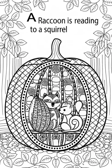 A coloring page of Raccoon Reading to Squirrel in a Pumpkin Coloring Page