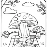 Mushroom Picnic Party Coloring Page