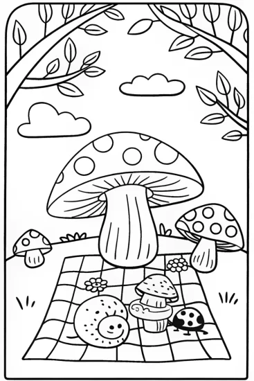 A coloring page of Mushroom Picnic Party Coloring Page