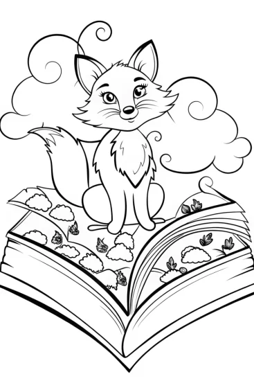 A coloring page of The Friendly Fox and the Enchanted Book Coloring Page