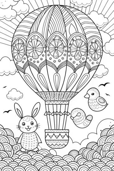 A coloring page of Easter Egg Hot Air Balloon Adventure Coloring Page