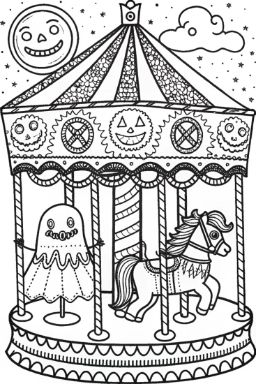 A coloring page of The Enchanted Halloween Carousel Coloring Page