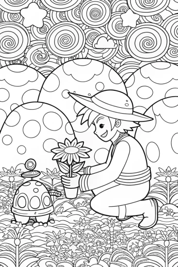 A coloring page of Goku’s Galactic Garden Coloring Page