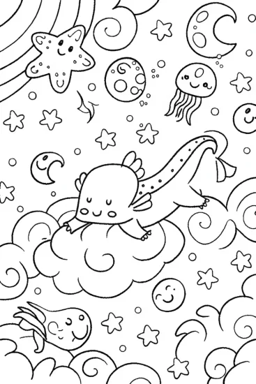 A coloring page of Axolotl’s Dreamy Cloud Adventure Coloring Page