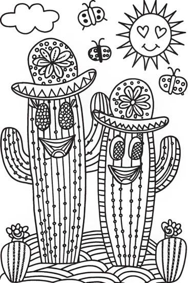 A coloring page of Cuddly Cactus Friends Coloring Page