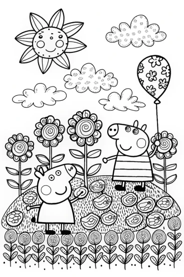 A coloring page of Peppa Pig’s Dream Garden Coloring Page
