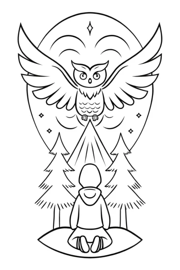 A coloring page of Demon Slayer and Wise Owl Spirit Coloring Page