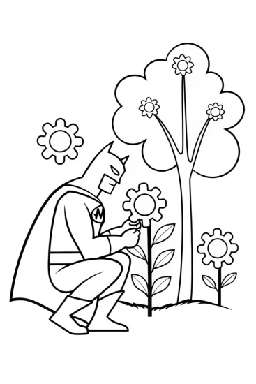 A coloring page of Batman in a Gadget Garden Coloring Page