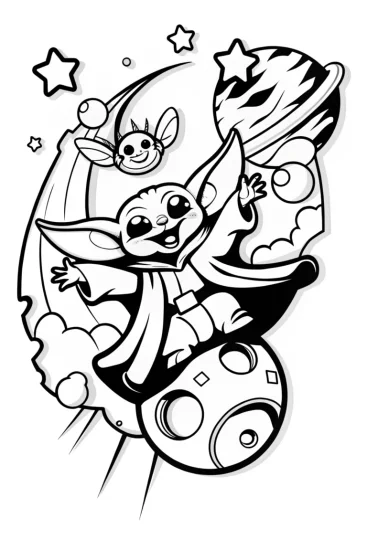 A coloring page of Baby Yoda’s Galactic Space Ride Coloring Page