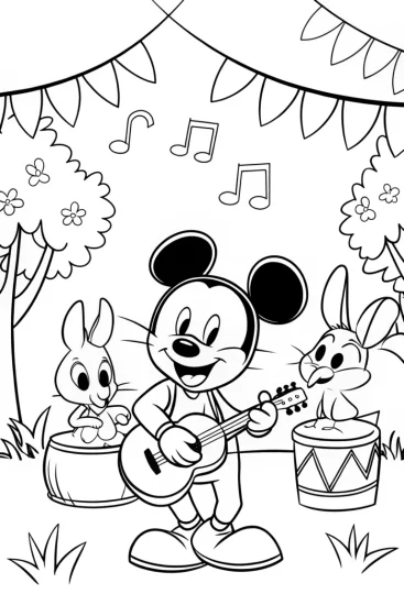 A coloring page of Mickey Mouse strumming at the music fest