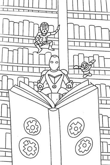 A coloring page of Avengers in an Enchanted Library Coloring Page