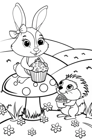 A coloring page of Rabbit and Hedgehog Spring Party Coloring Page
