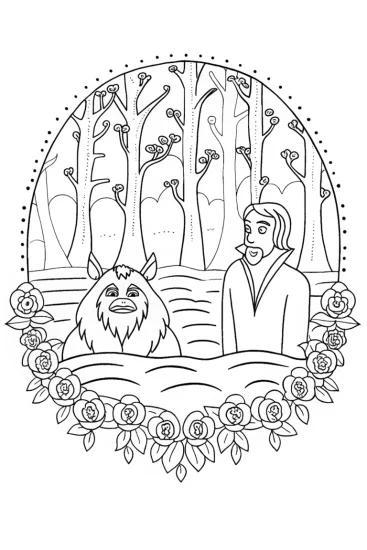 A coloring page of The Beast’s Transformation Reflection Coloring Page