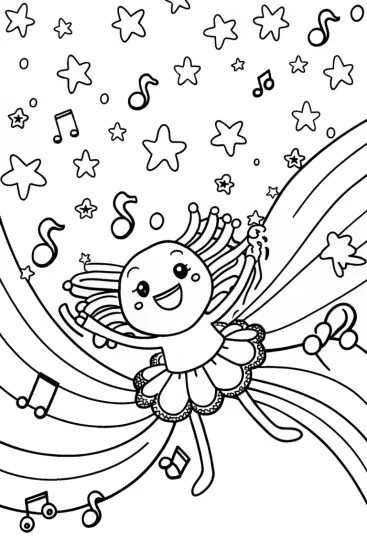A coloring page of Axolotl’s Cosmic Dance Party Coloring Page