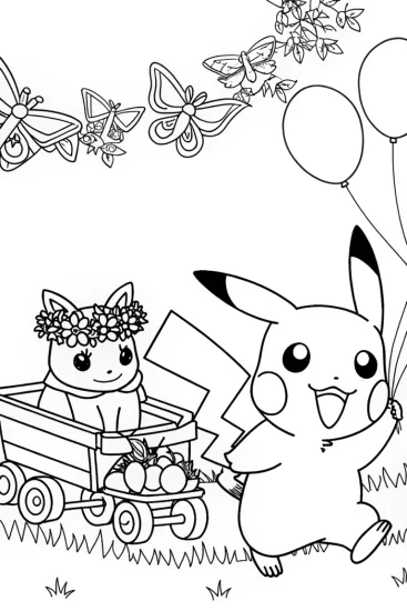 A coloring page of Pikachu Garden Parade Coloring Page