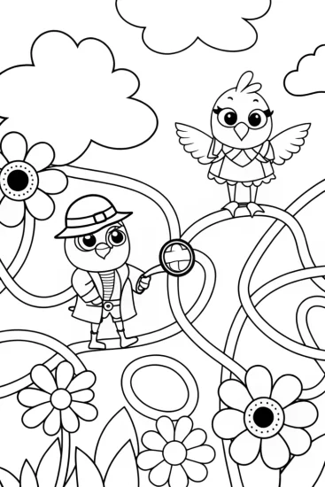 A coloring page of Chickens’ Adventure in a Magical Labyrinth