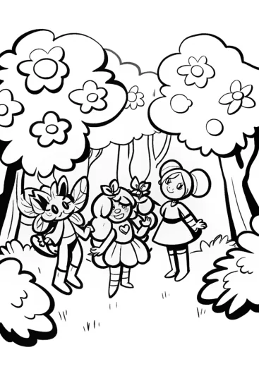 A coloring page of Rainbow High Adventurers in a Magical Forest Coloring Page