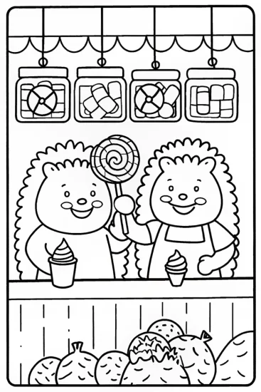 A coloring page of Happy Hedgehogs at the Candy Shop Coloring Page