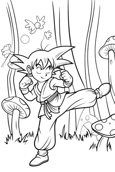 A coloring page of Goku’s Enchanted Forest Training Coloring Page