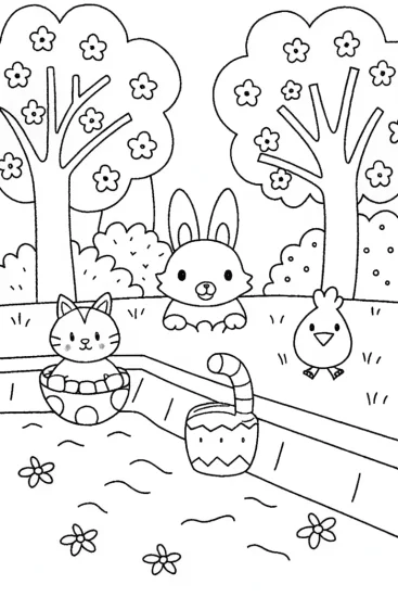 A coloring page of Easter Egg Hot Springs Retreat Coloring Page