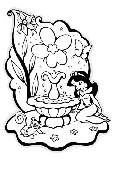 A coloring page of Jasmine’s Whimsical Wish Garden Coloring Page