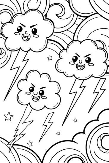 A coloring page of Whimsical Cloud Creatures Race Coloring Page