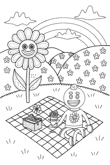 A coloring page of Huggy Wuggy and Kissy Missy Picnic Coloring Page