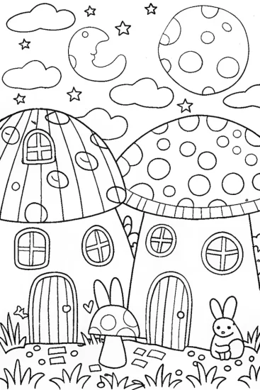 A coloring page of Mushroom Village Adventure Coloring Page