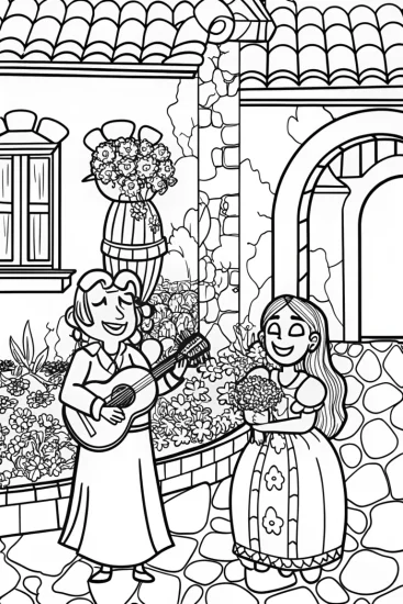 A coloring page of Mirabel and Isabela Musical Coloring Page