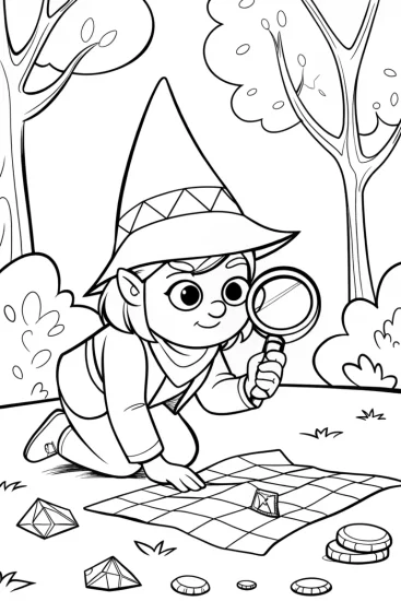 A coloring page of Gnome Adventurer on a Treasure Hunt Coloring Page