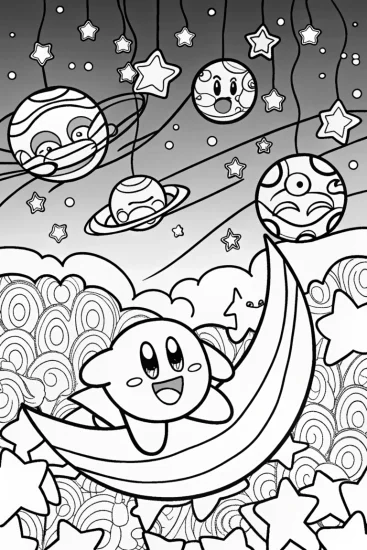 A coloring page of Kirby’s Dreamy Space Adventure Coloring Page