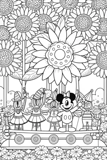 A coloring page of Mickey Mouse’s Colorful Garden Parade Coloring Page