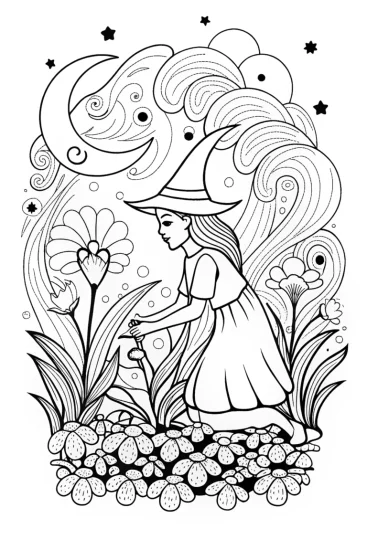 A coloring page of Witch’s Enchanted Garden Coloring Page