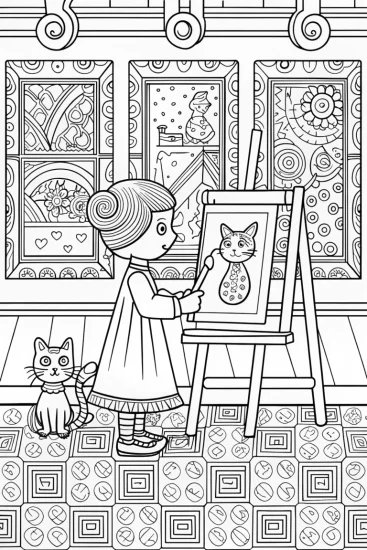 A coloring page of Gabby’s Artful Cat Gallery Coloring Page