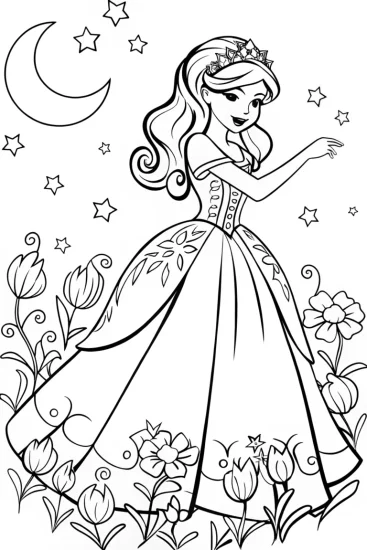 A coloring page of Celestial princess in a magical garden