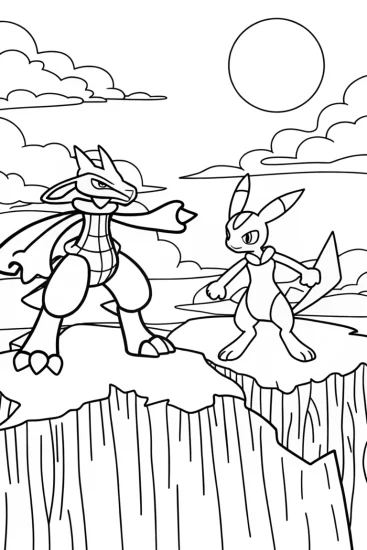 A coloring page of Garchomp vs. Lucario Coloring Page