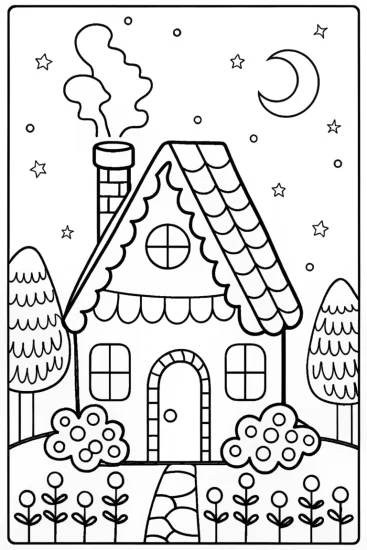 A coloring page of Gingerbread House Under the Moonlight Coloring Page