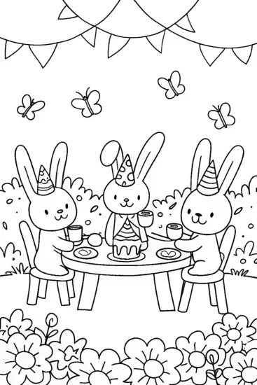 A coloring page of Whimsical Rabbit Tea Party Coloring Page