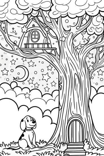 A coloring page of The Starry Dreams Treehouse Coloring Page