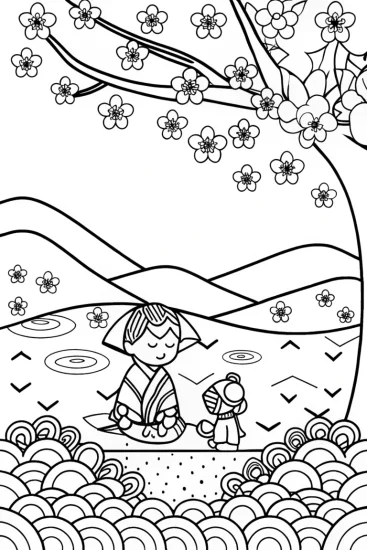 A coloring page of Beneath the Cherry Blossom Canopy Coloring Page