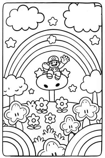 A coloring page of Mario and Yoshi’s Adventure in the Rainbow Valley