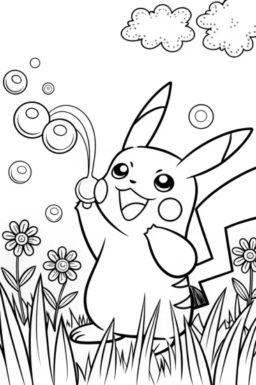 A coloring page of Pikachu and the Bubble Bonanza Coloring Page