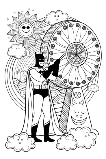 A coloring page of Batman and the Whimsical Weather Machine Coloring Page