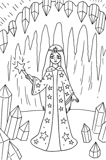 A coloring page of Anime Sorceress in a Crystal Cavern Coloring Page