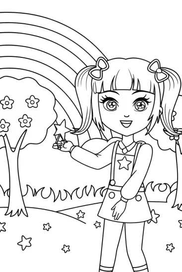 A coloring page of Anime Adventure in the Rainbow Forest Coloring Page