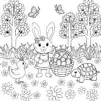 Easter Picnic with Bunny, Chick, and Tortoise Coloring Page