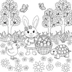Easter Picnic with Bunny, Chick, and Tortoise Coloring Page