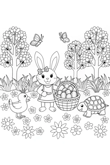 A coloring page of Easter Picnic with Bunny, Chick, and Tortoise Coloring Page