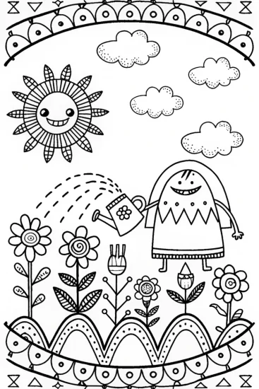 A coloring page of Monster Gardening Adventure Coloring Page